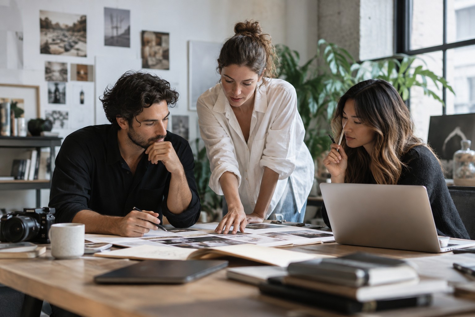 Creative team reviewing images, notes and a laptop around a studio table