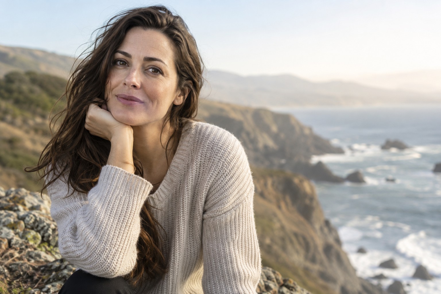 Editorial portrait of a woman with natural skin texture beside a coastal landscape