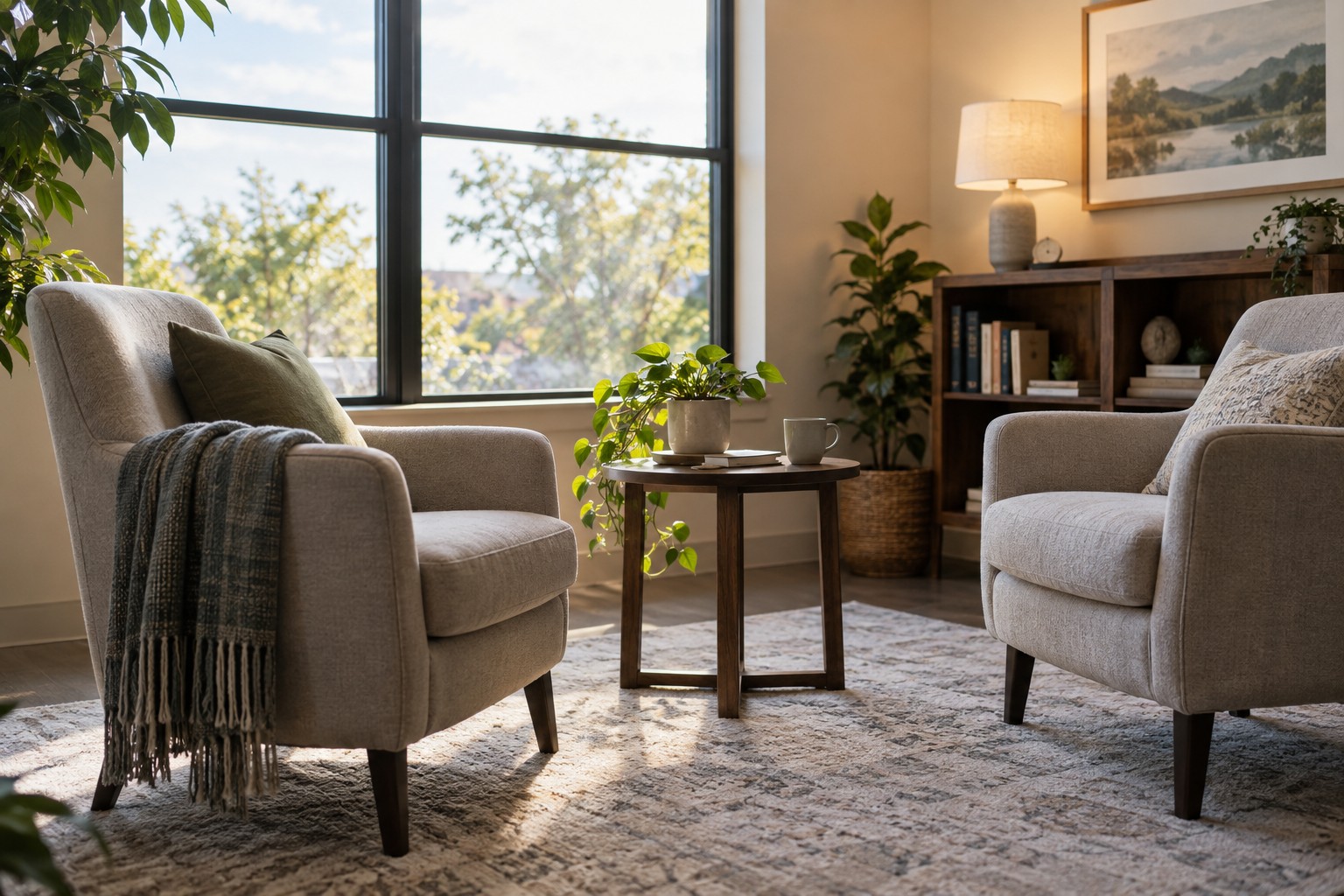 Two comfortable chairs beside a sunlit window, with a small table between them