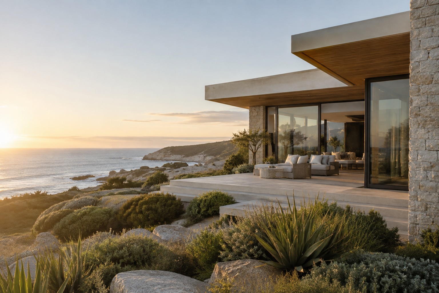 A stone and timber coastal home with an open terrace overlooking the sea at sunset