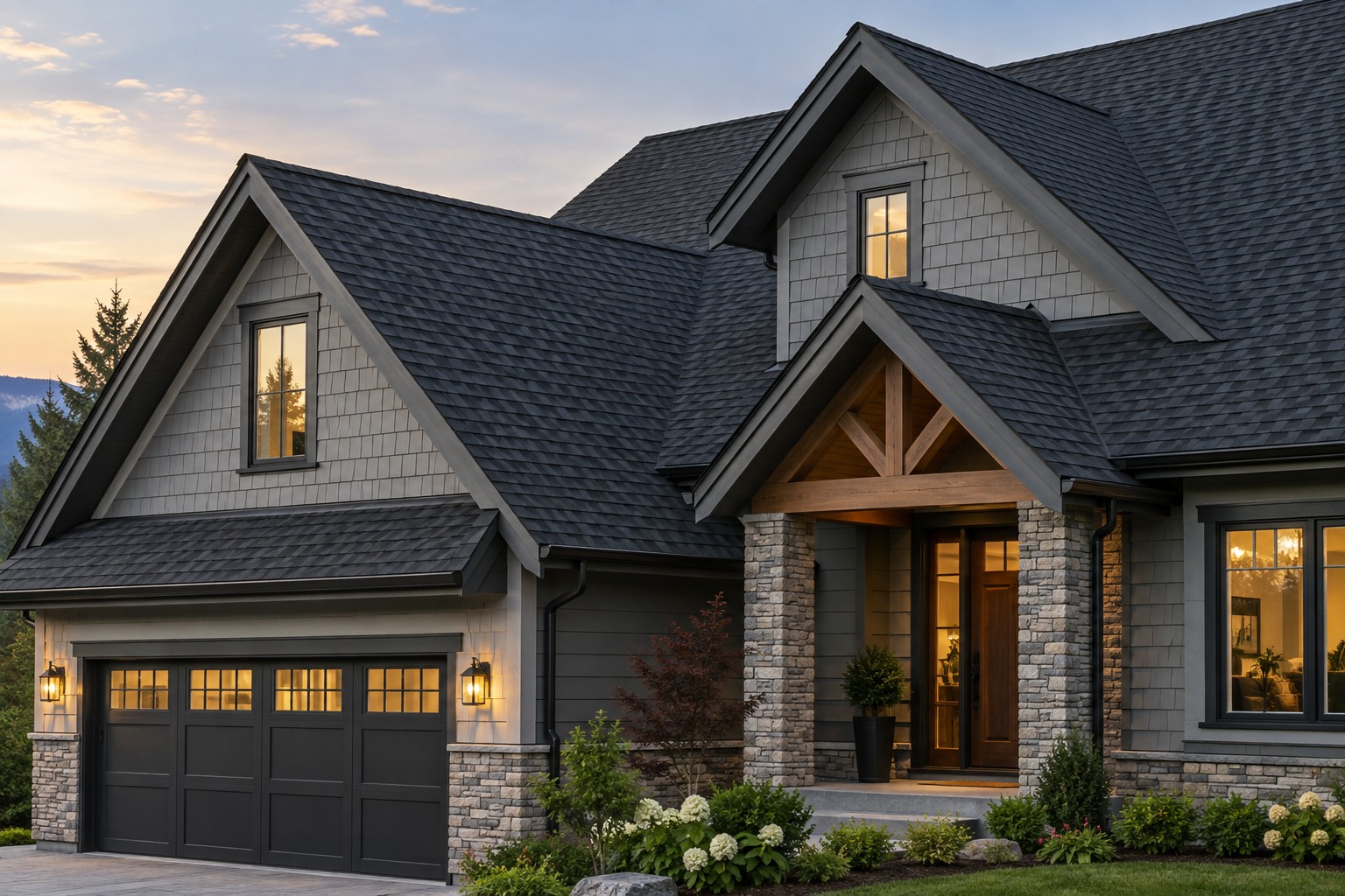 Detailed charcoal shingle roof and timber entrance on a home