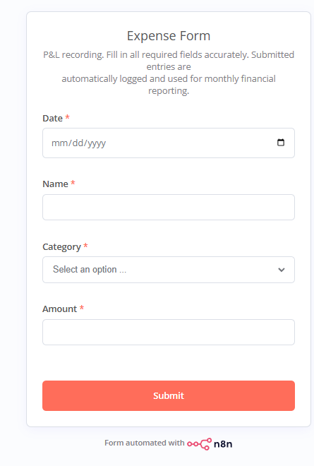 n8n expense intake form with date, category, and amount fields