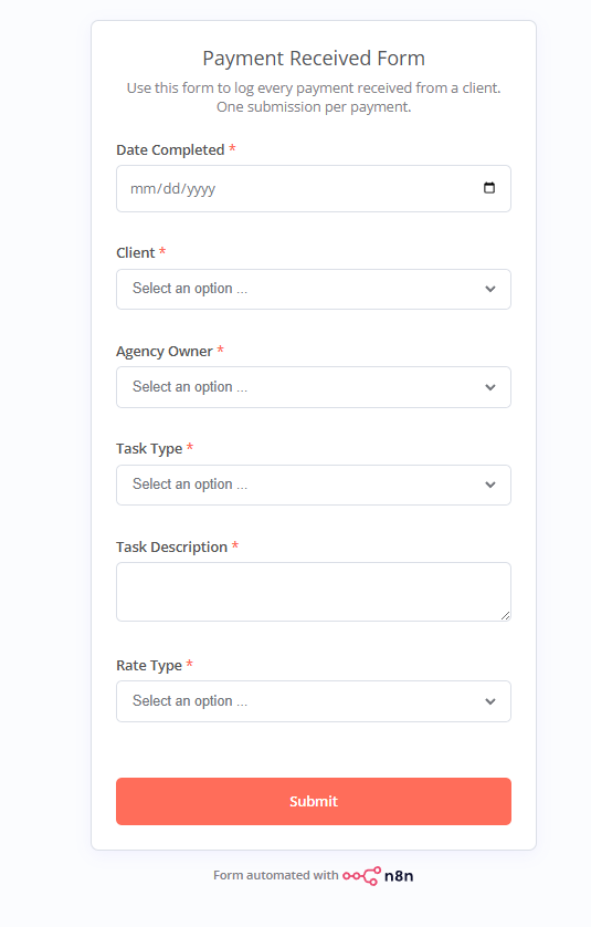 n8n payment intake form with date, task type, task description, and rate fields