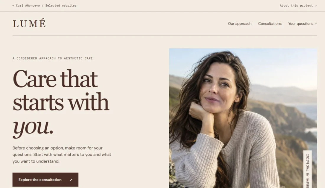 Screenshot of the LUMÉ website: Care that starts with you.