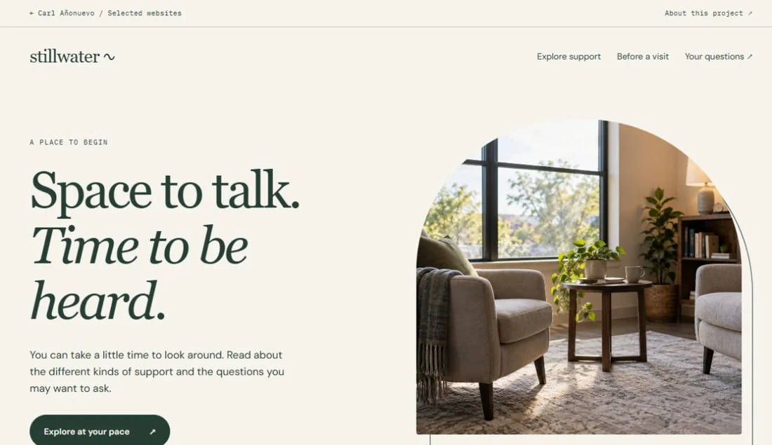 Screenshot of the STILLWATER website: Space to talk. Time to be heard.