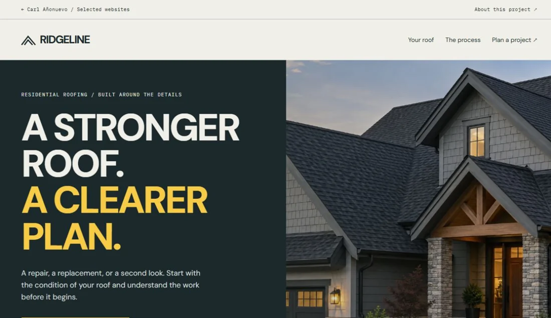 Screenshot of the RIDGELINE website: A stronger roof. A clearer plan.